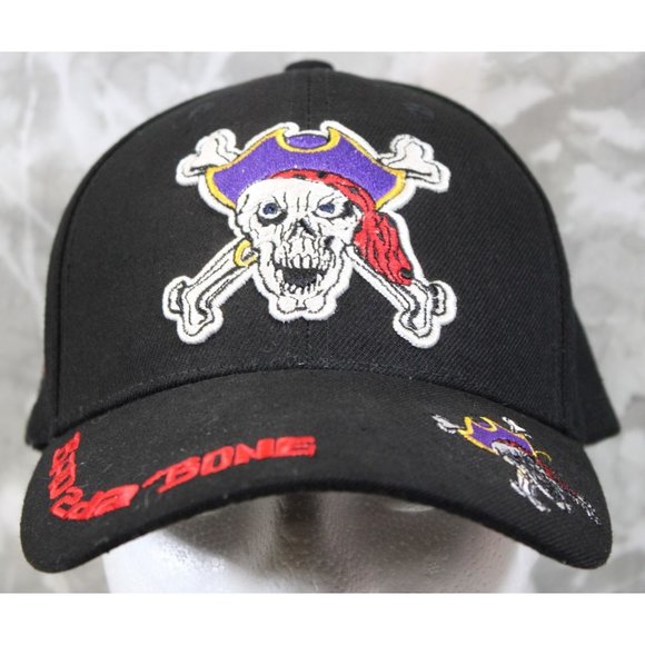 Urban Gear Embroidered Black Pirate Bad To The Bone Hat Strap Back Cap - Picture 1 of 7